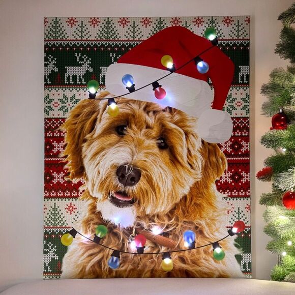 LED Christmas Dog Labradoodle Light-Up Canvas Picture Wall Art Decor 15x19" - Picture 4 of 13
